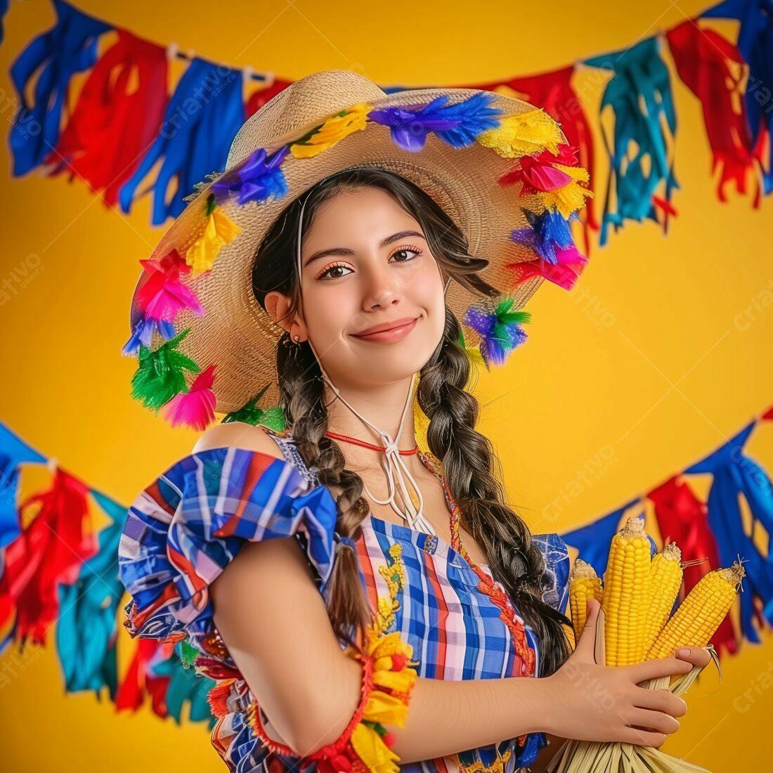Festa Junina Mulher com Milho Sorrindo