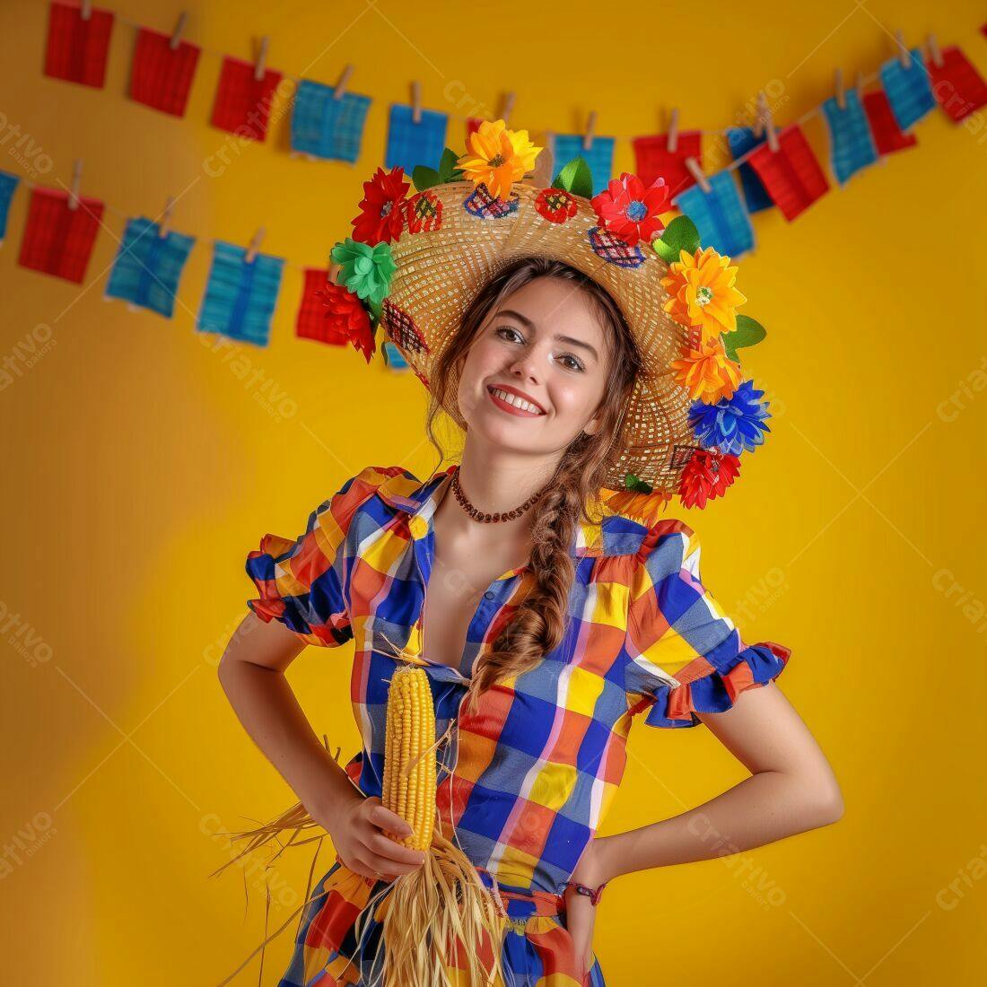 Mulher sorridente em traje de Festa Junina