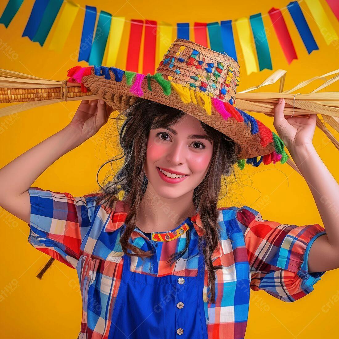 Mulher sorridente com chapéu de festa junina