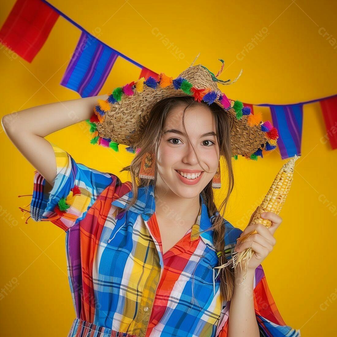Moça alegre em festa junina com milho