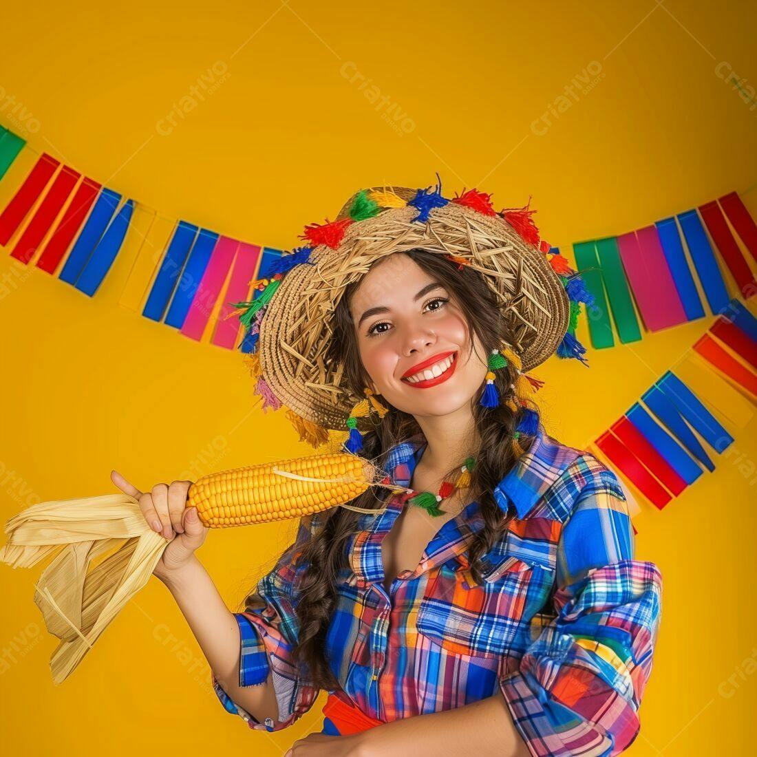 Mulher sorridente com espiga de milho Festa Junina