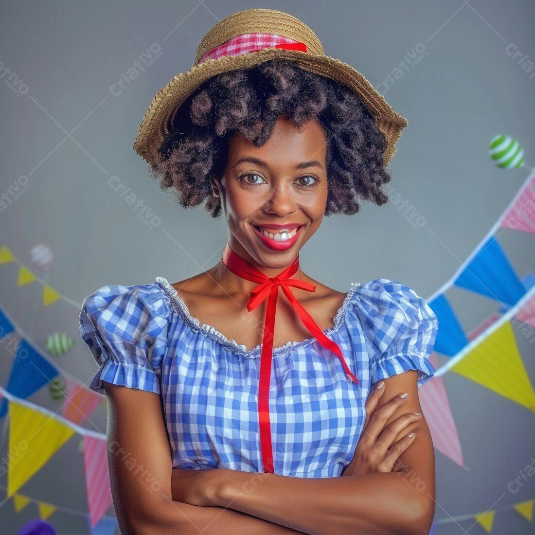 Mulher negra sorridente em festa junina