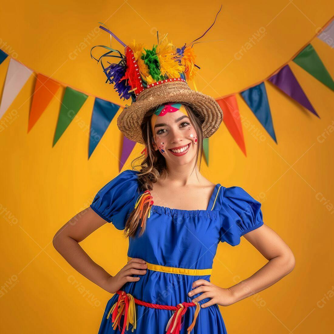 Mulher sorridente em traje de festa junina