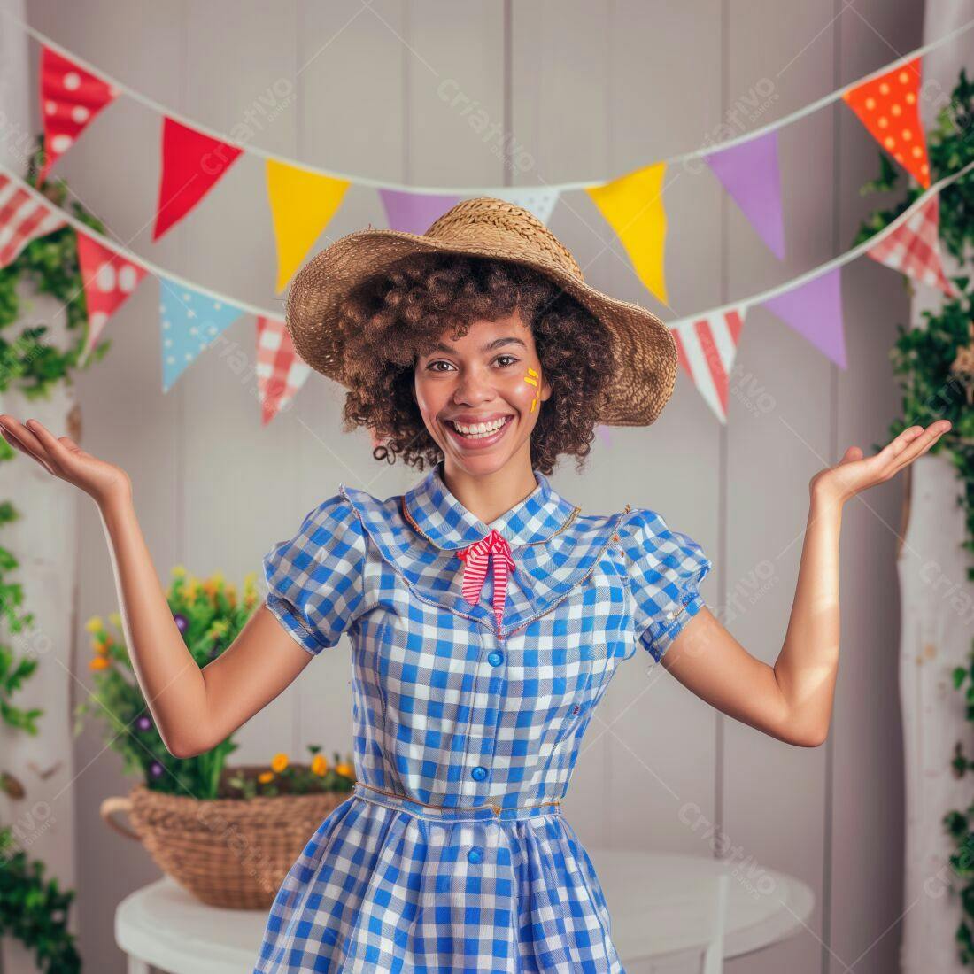 Mulher sorridente em vestido xadrez Festa Junina
