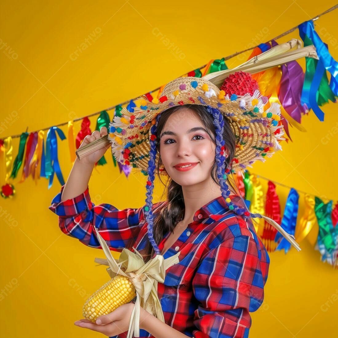 Festa Junina Mulher com Milho e Chapéu
