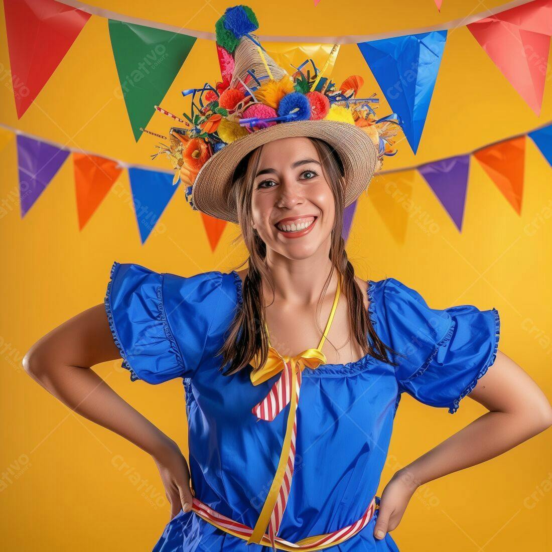 Mulher sorridente com chapéu de festa junina