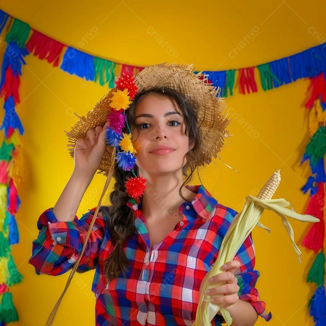 Mulher jovem em Festa Junina com espiga de milho