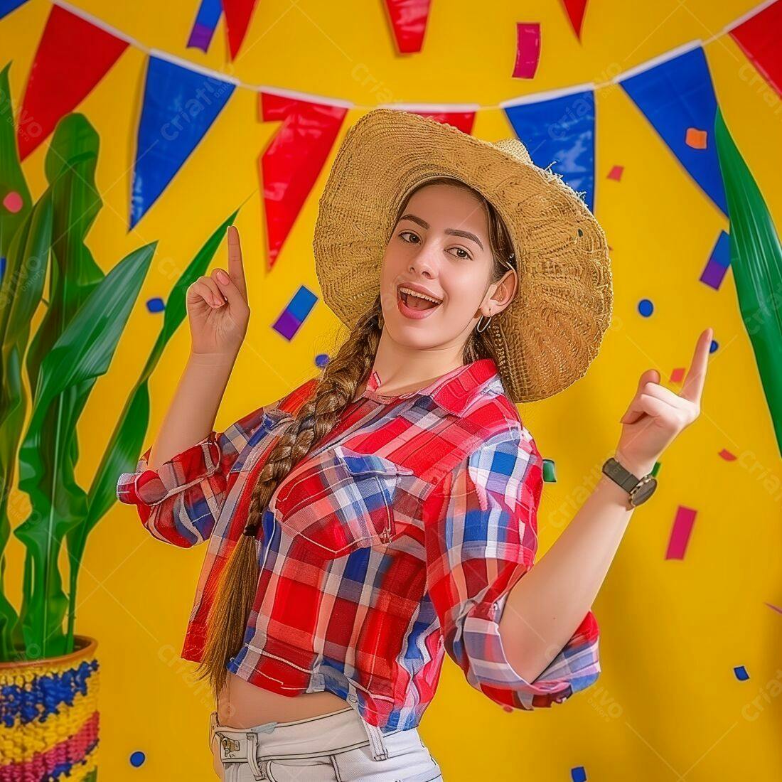 Jovem animada em festa junina