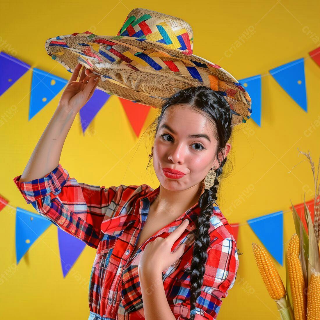 Mulher jovem com chapéu de festa junina