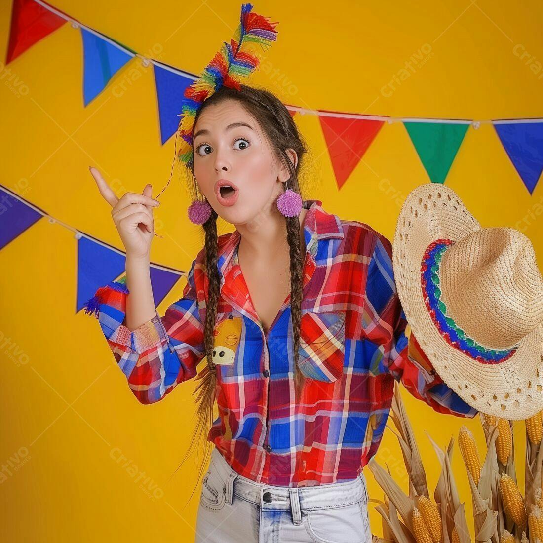 Menina Festa Junina chapéu sorrindo fundo amarelo