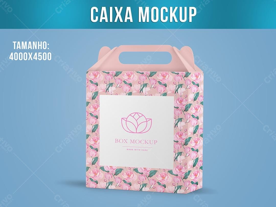 Mockup Caixa de Presente Rosa com Flores