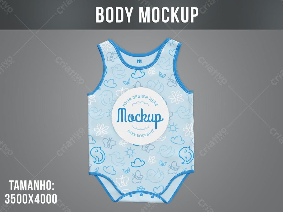 Mockup Macacão Bebê: Azul Claro, Desenhos Infantis
