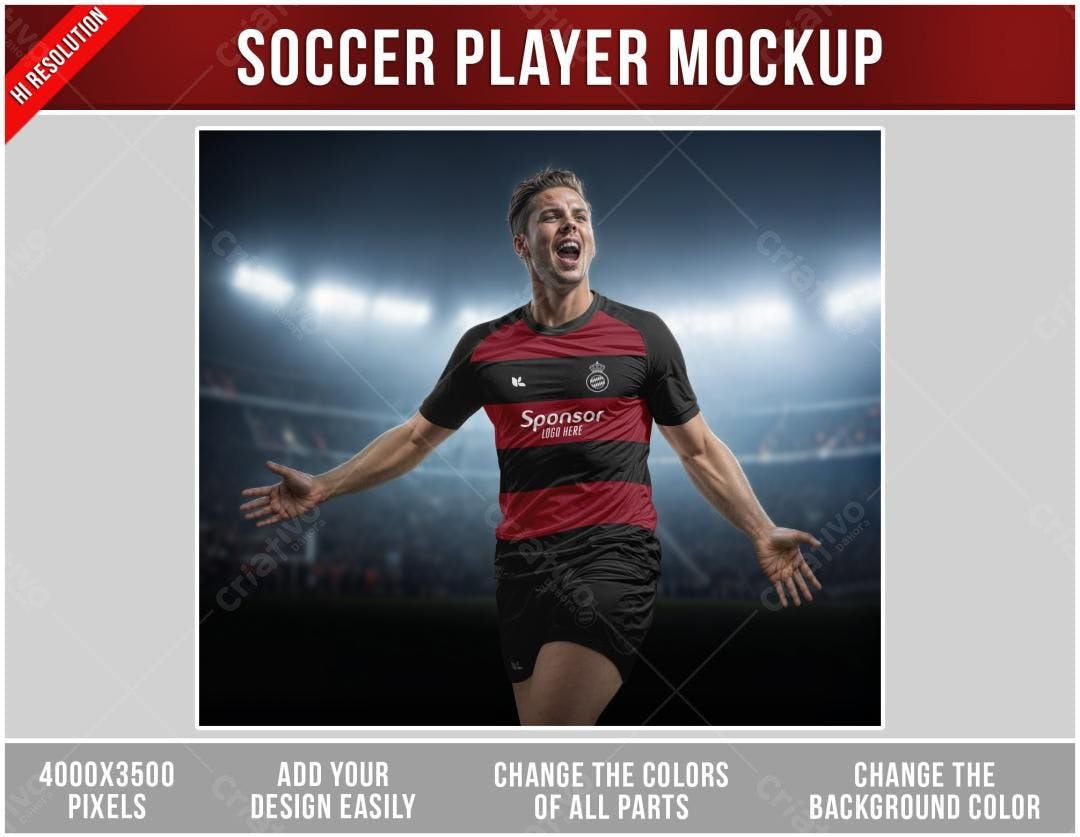 Mockup Camiseta Futebol: Jogador Celebrando - Vermelho e Preto