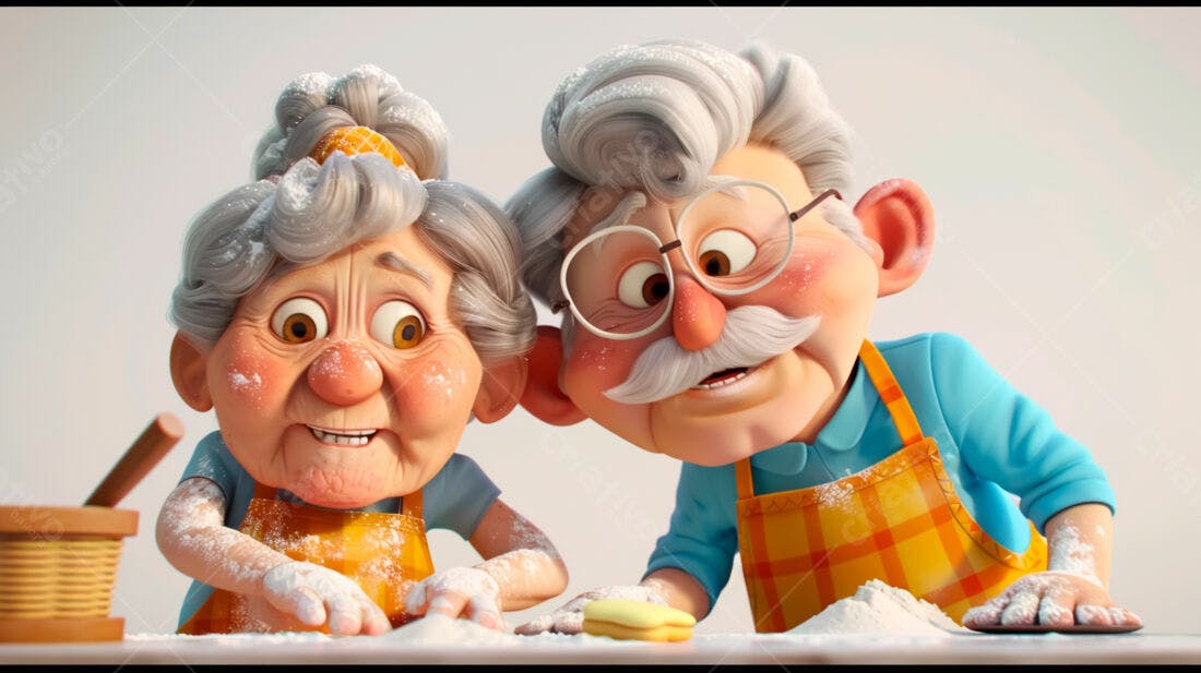 Casal de idosos preparando bolo na cozinha