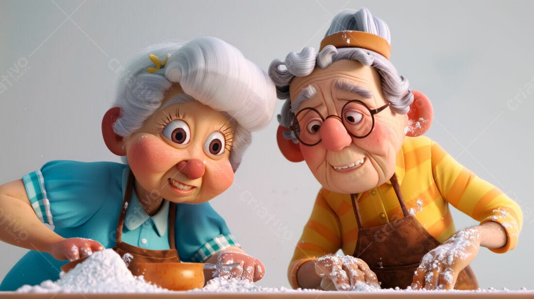 Casal idoso preparando receita com farinha