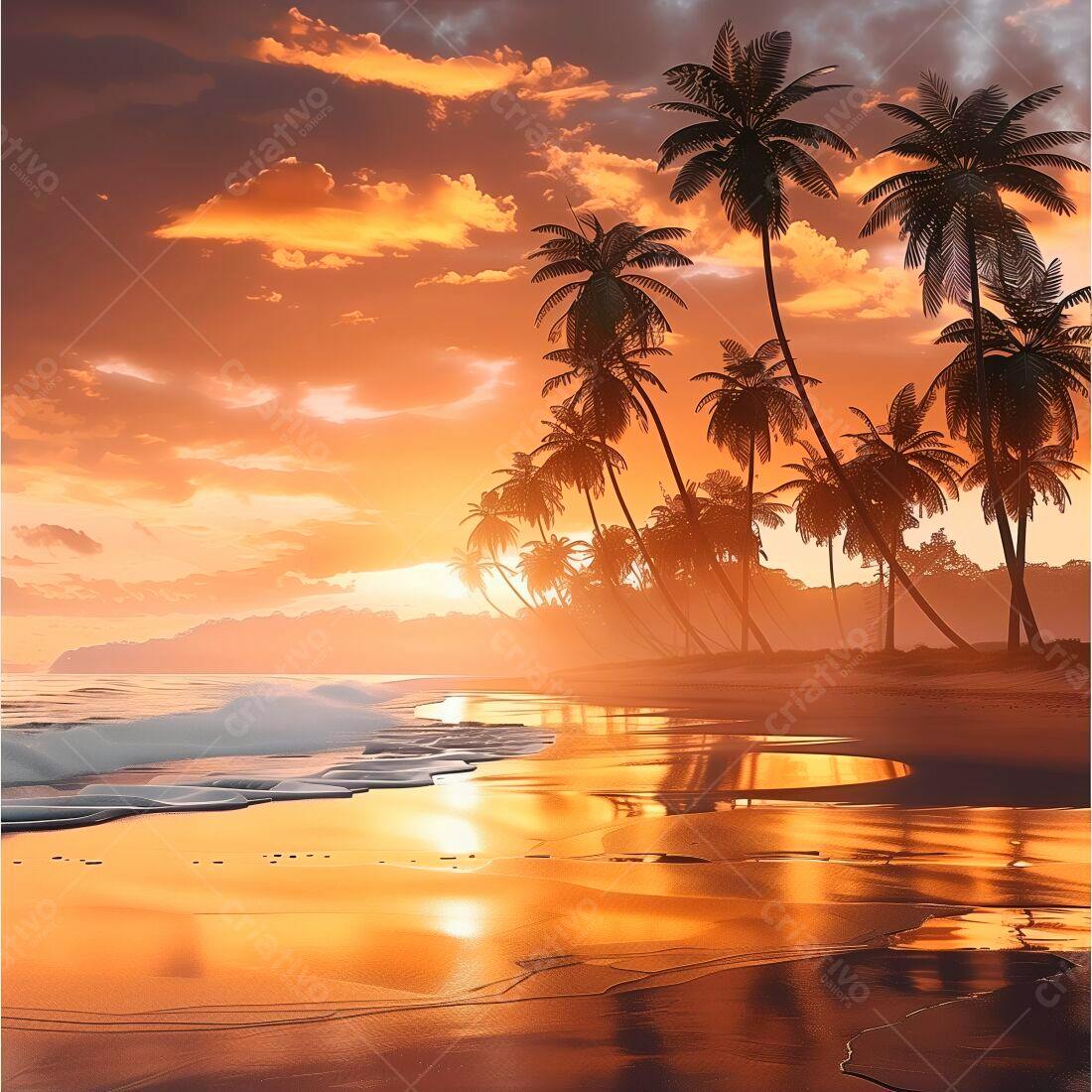 Pôr do sol laranja em praia tropical com coqueiros