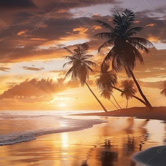 Imagem da praia ao por do sol com coqueiros