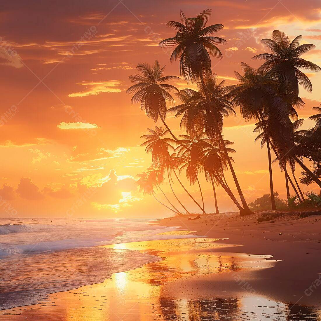 Pôr do sol tropical com coqueiros na praia