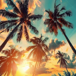Imagem da praia ao por do sol com coqueiros
