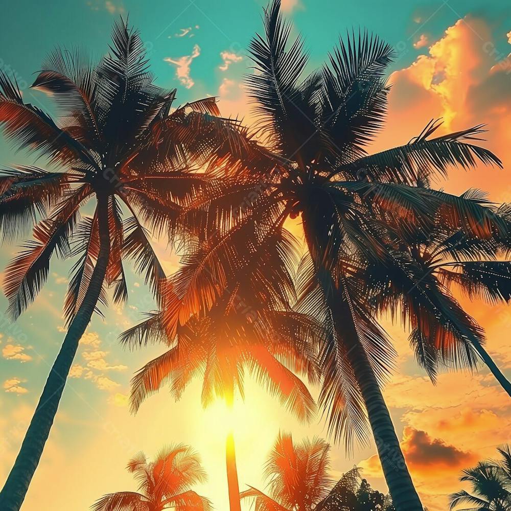 Imagem Da Praia Ao Por Do Sol Com Coqueiros