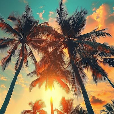 Imagem Da Praia Ao Por Do Sol Com Coqueiros