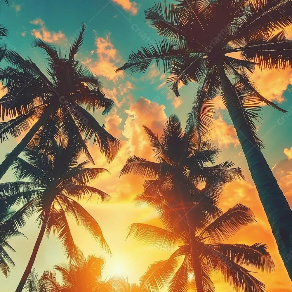 Imagem Da Praia Ao Por Do Sol Com Coqueiros