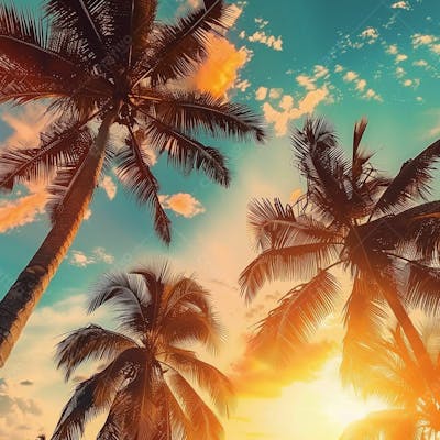 Imagem Da Praia Ao Por Do Sol Com Coqueiros