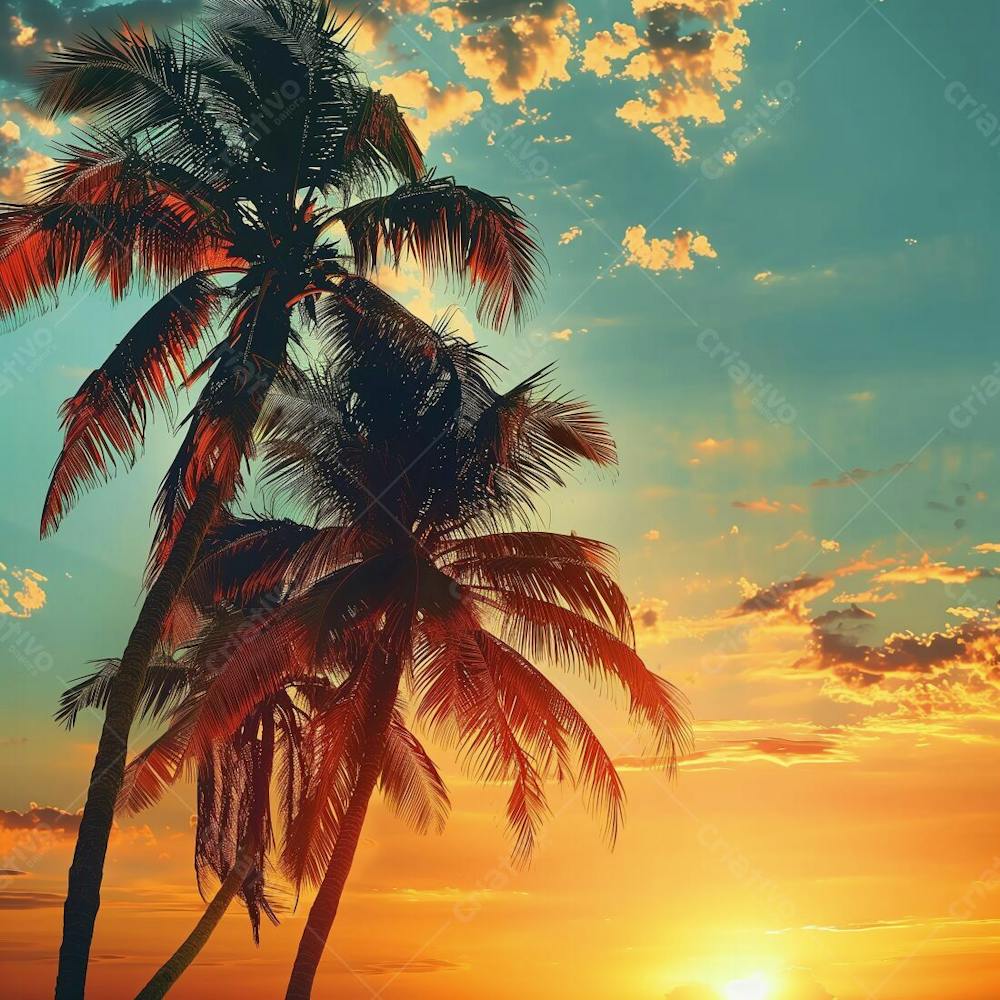Imagem Da Praia Ao Por Do Sol Com Coqueiros