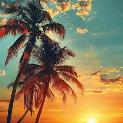 Imagem Da Praia Ao Por Do Sol Com Coqueiros