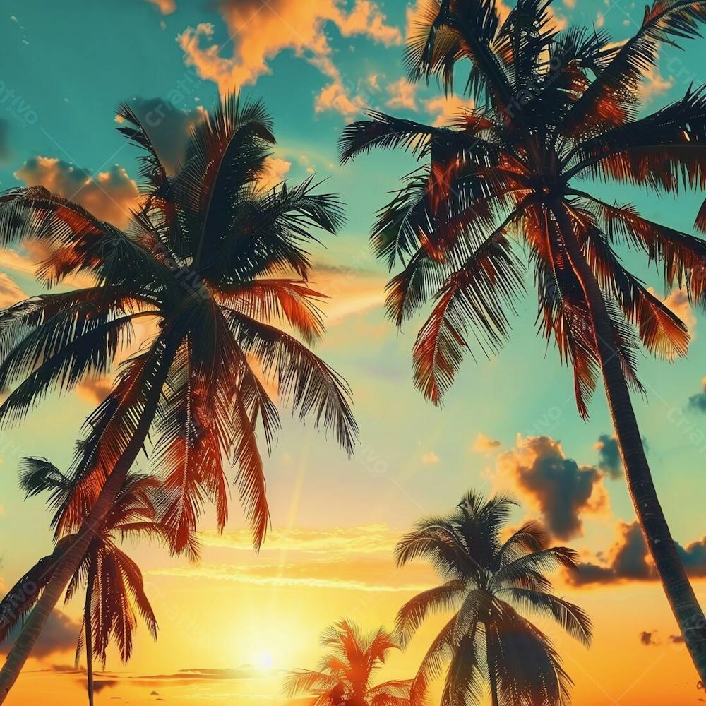 Imagem Da Praia Ao Por Do Sol Com Coqueiros