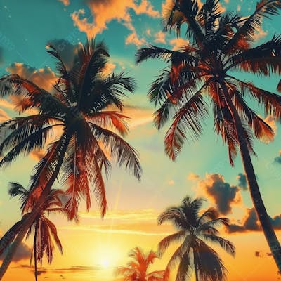 Imagem Da Praia Ao Por Do Sol Com Coqueiros