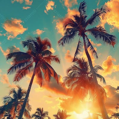Imagem Da Praia Ao Por Do Sol Com Coqueiros
