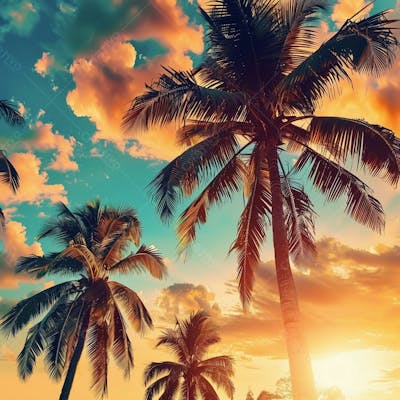 Imagem Da Praia Ao Por Do Sol Com Coqueiros
