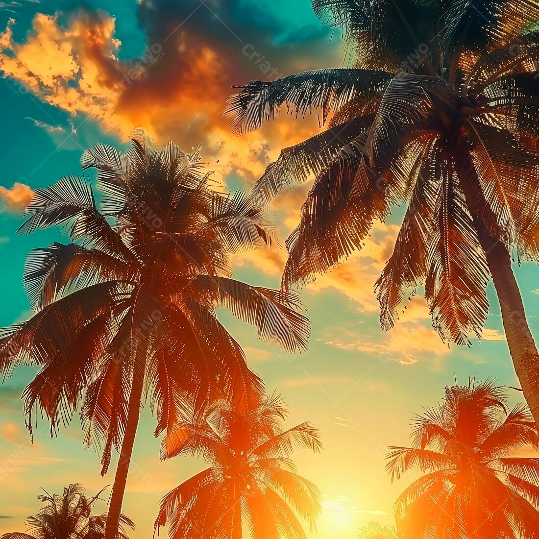 Silhuetas de coqueiros ao pôr do sol tropical