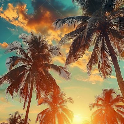 Imagem Da Praia Ao Por Do Sol Com Coqueiros