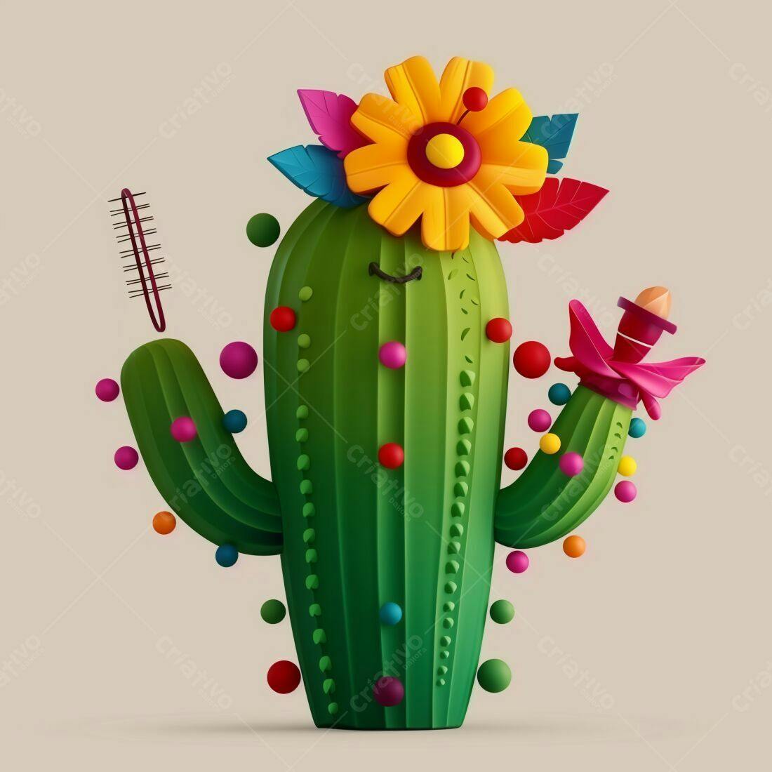 Cacto alegre com flores e decoração colorida