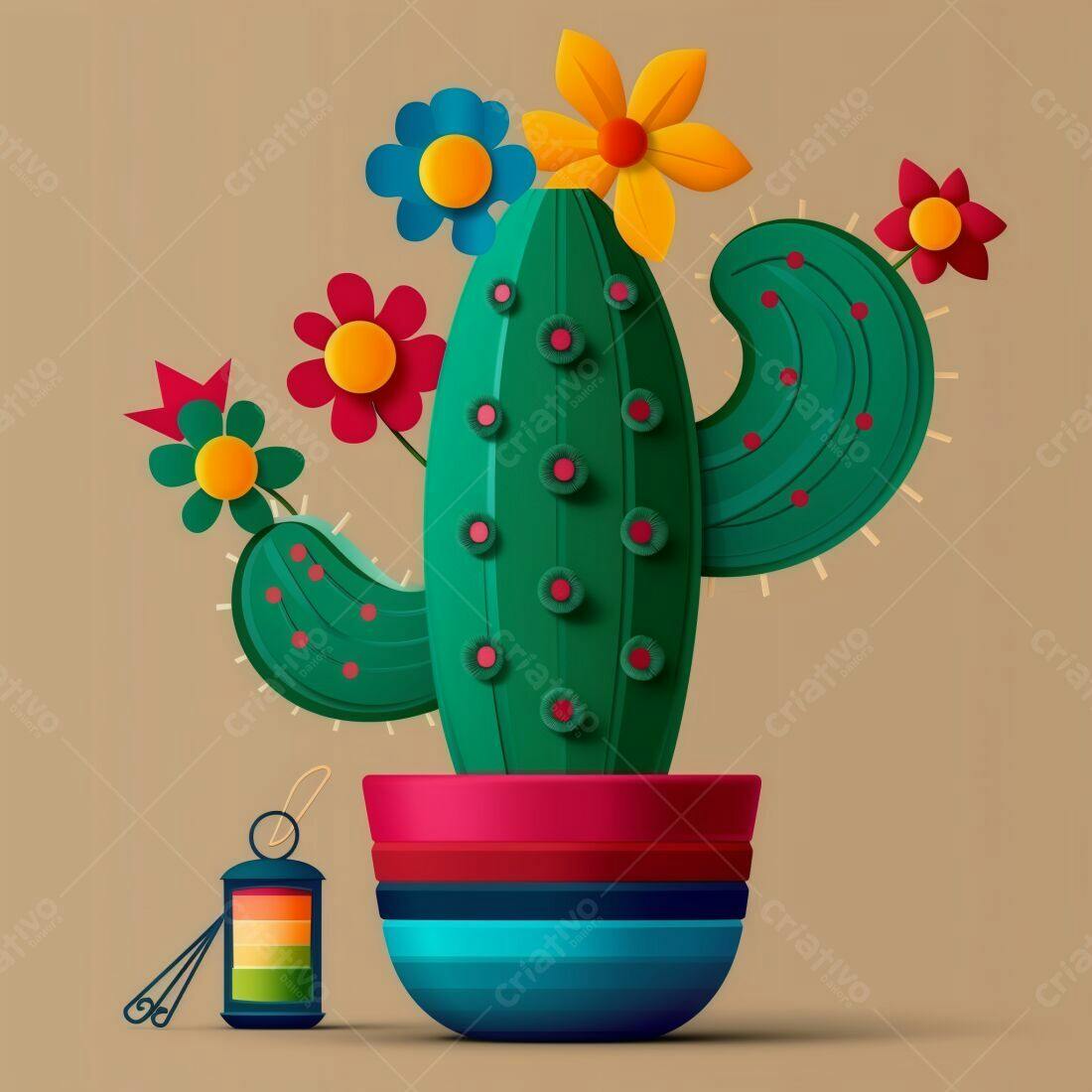 Cactus decorado com flores vibrantes em vaso colorido