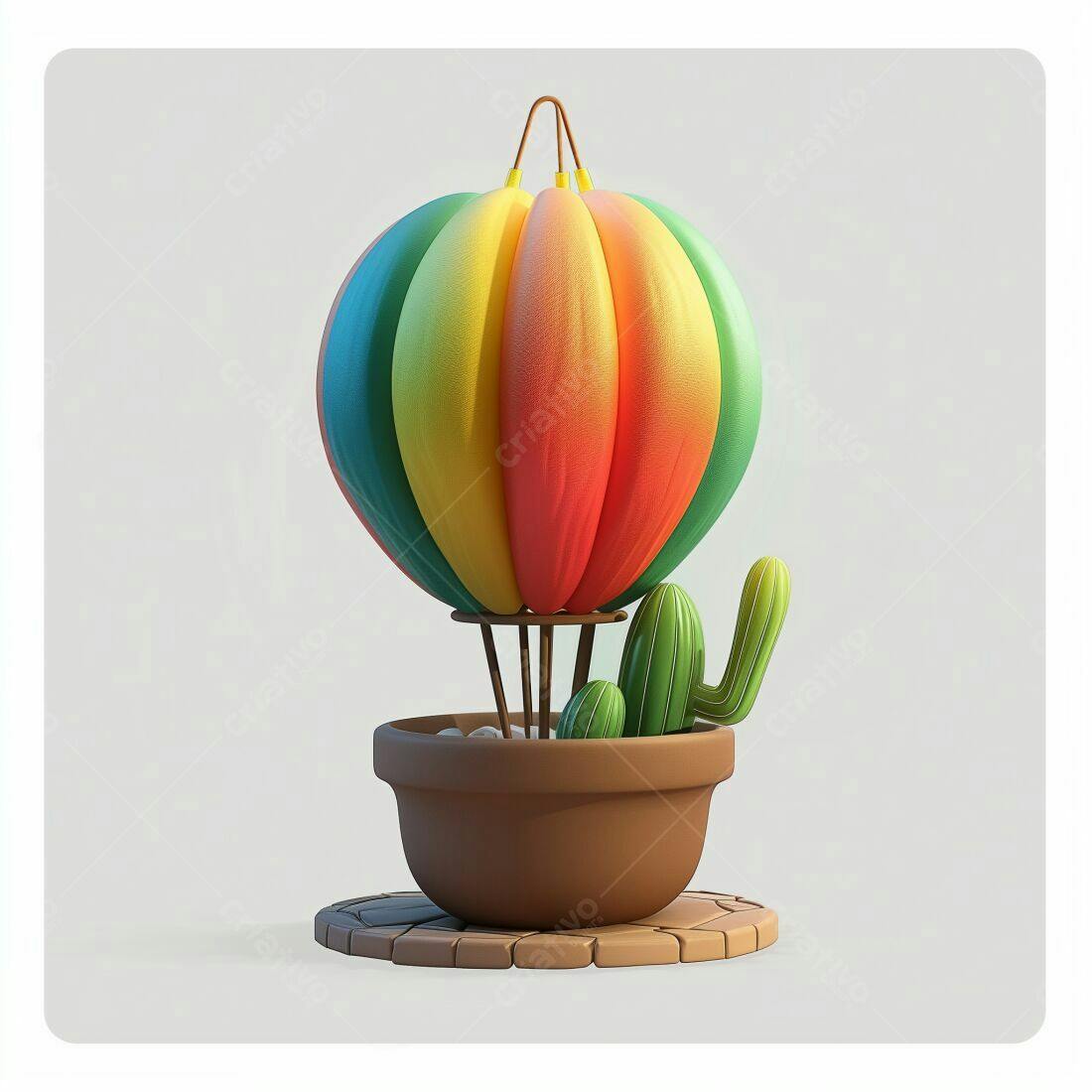 Balão de ar quente colorido em vaso com cactos
