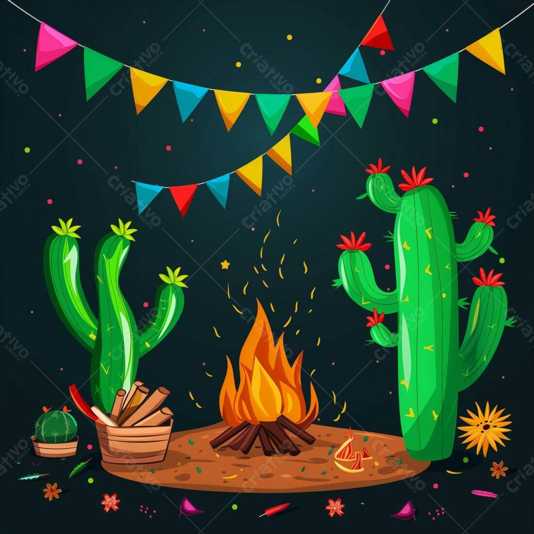 Festa junina com cactos e fogueira