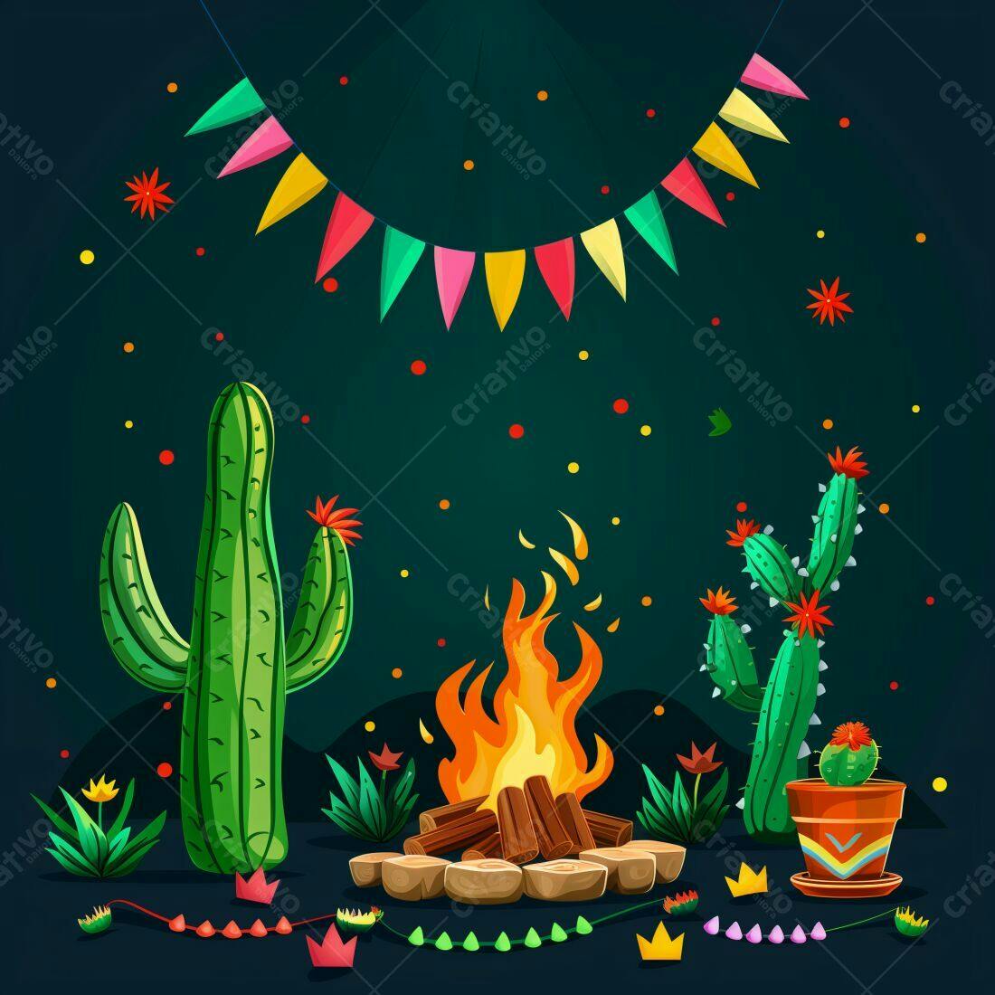Fogueira com cactos e decoração festiva