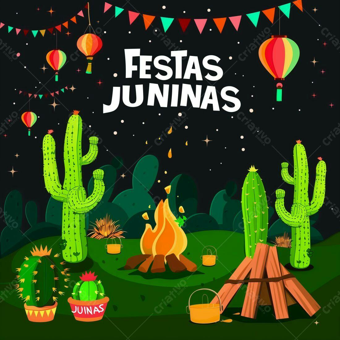 Festa Junina com fogueira e cactos