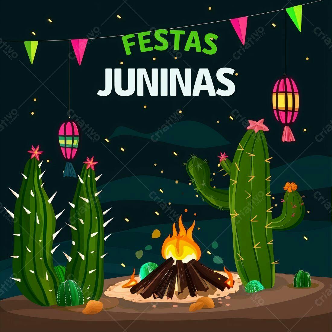 Festa Junina com cactos e fogueira