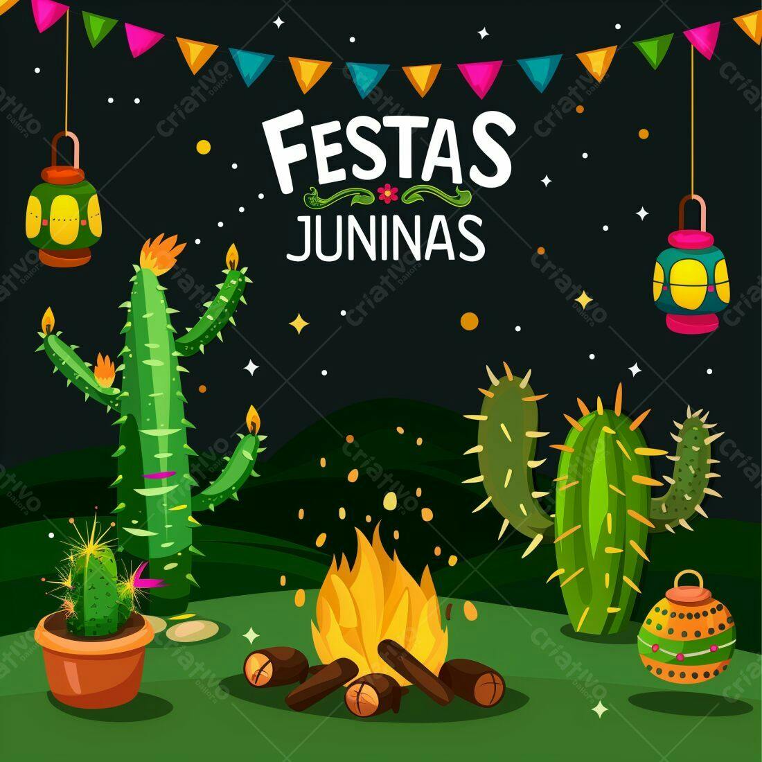 Festa Junina com cactos e fogueira noite