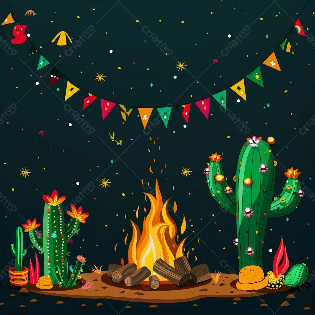 Fogueira festiva com cactos e bandeirinhas