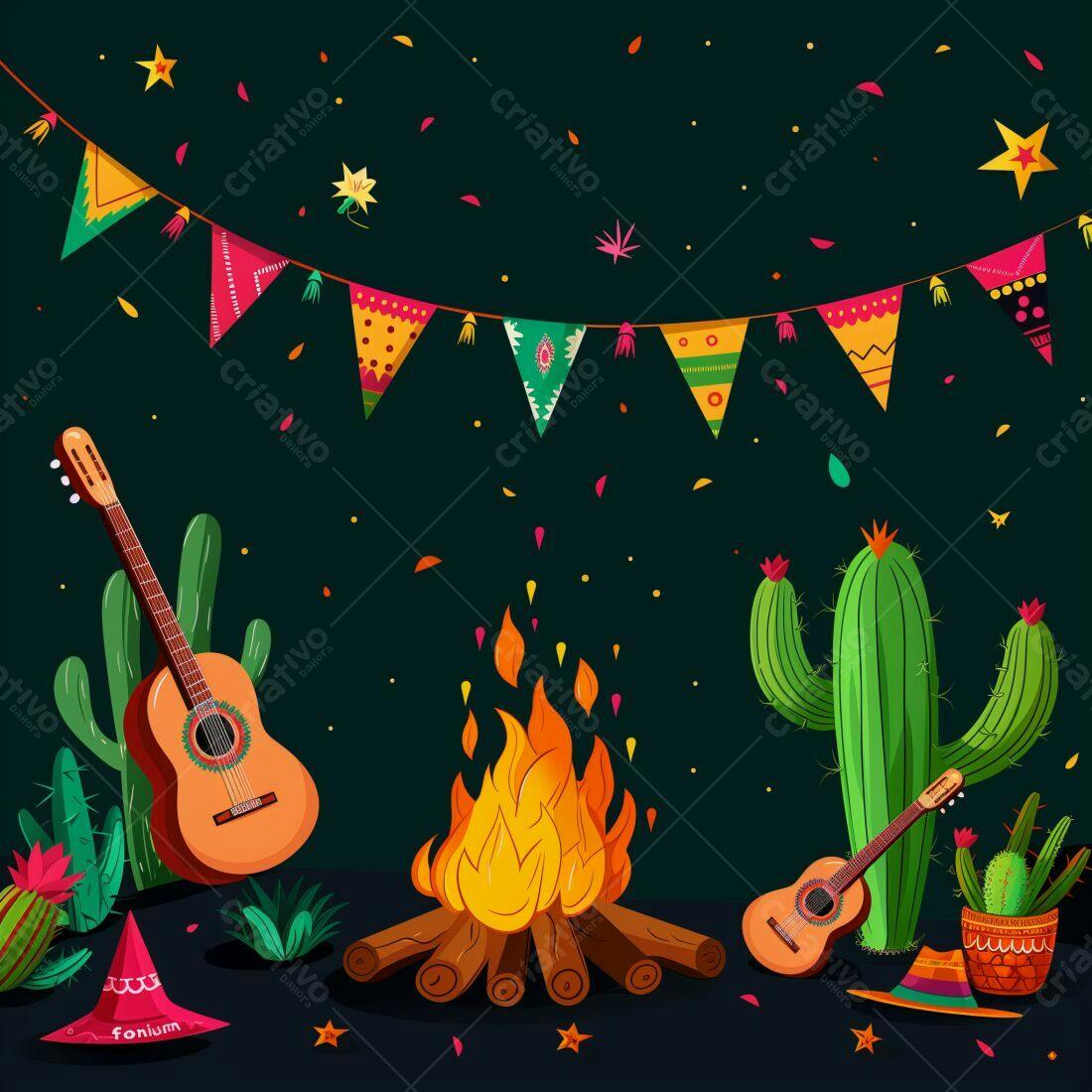 Festa mexicana fogueira guitarras e cactos