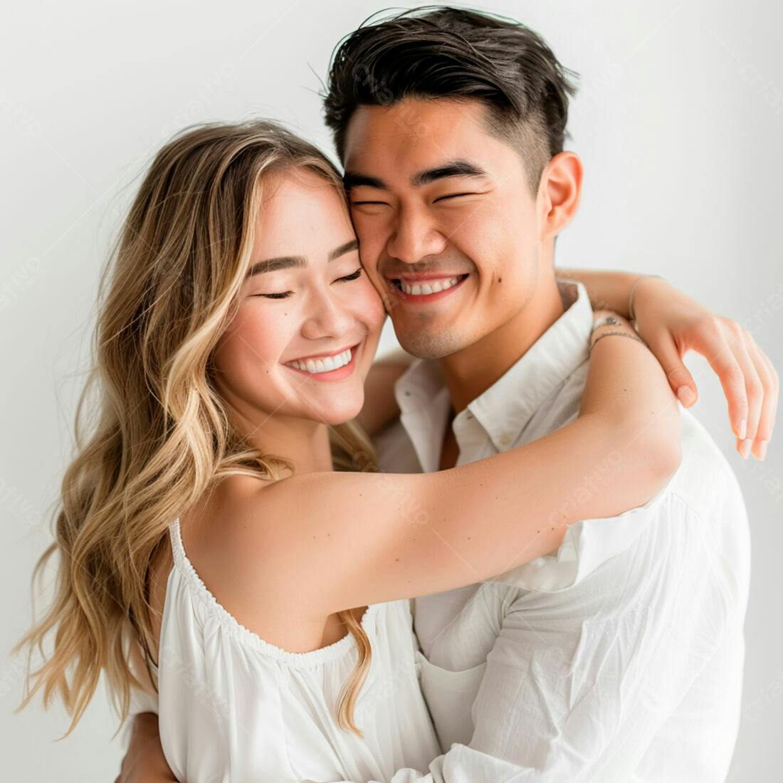Casal abraçado sorrindo fundo branco