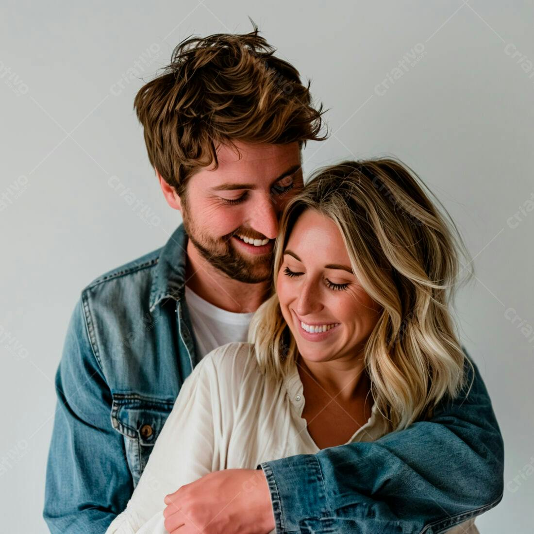 Casal abraçado sorrindo fundo neutro