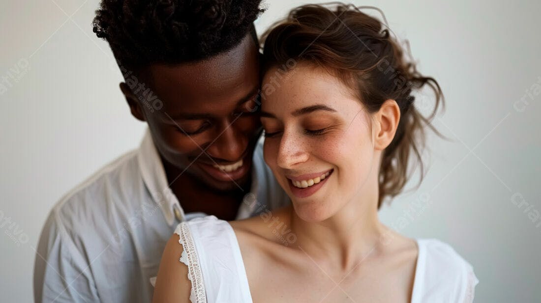 Casal interracial sorrindo abraçados