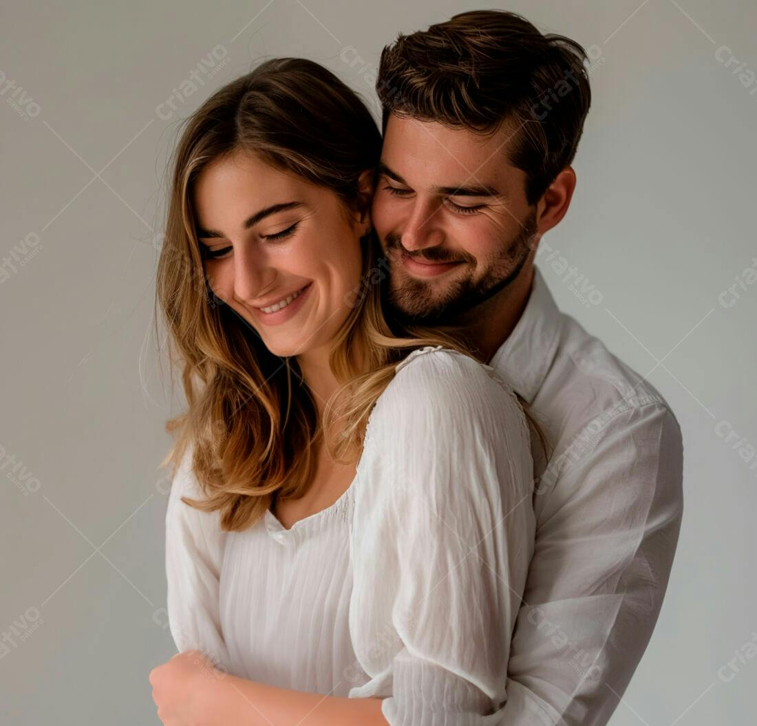 Casal abraçado sorrindo fundo branco