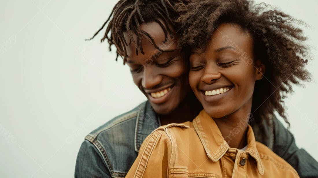 Casal negro feliz abraçado fundo claro